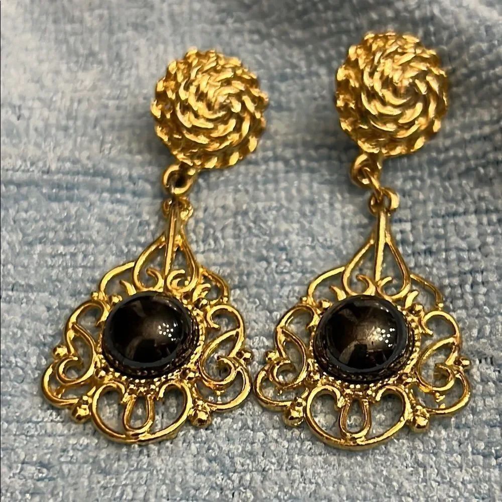 Gold and Black Filigree Drop Earrings